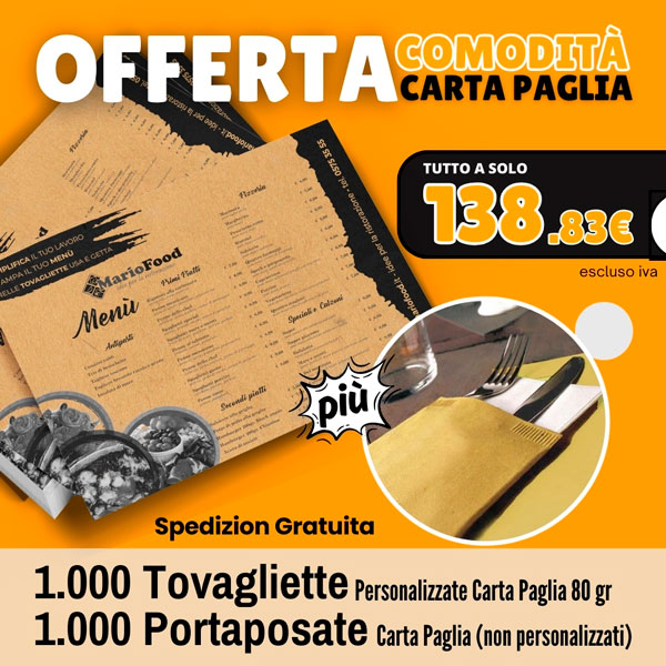 <strong>Offerta Comodità - Carta Paglia</strong><br> 1000 Tovagliette Personalizzate <br> 1000 Portaposate in Carta Paglia