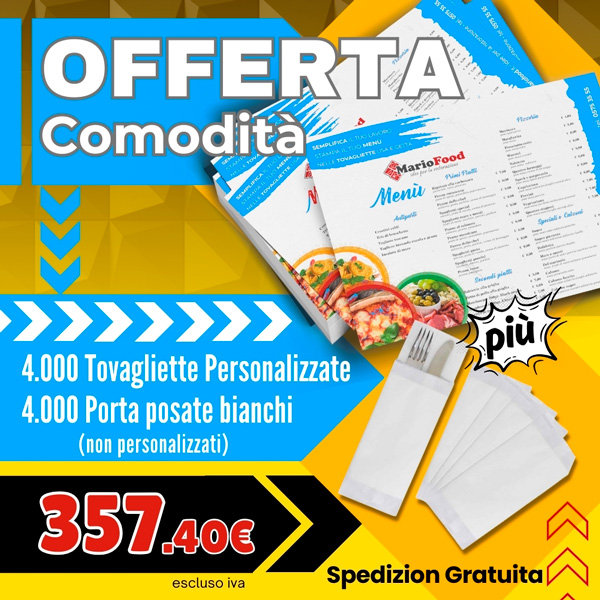 <strong>Offerta Comodità - Carta Bianca</strong><br> 4000 Tovagliette Personalizzate <br> 4000 Portaposate in Carta Bianca
